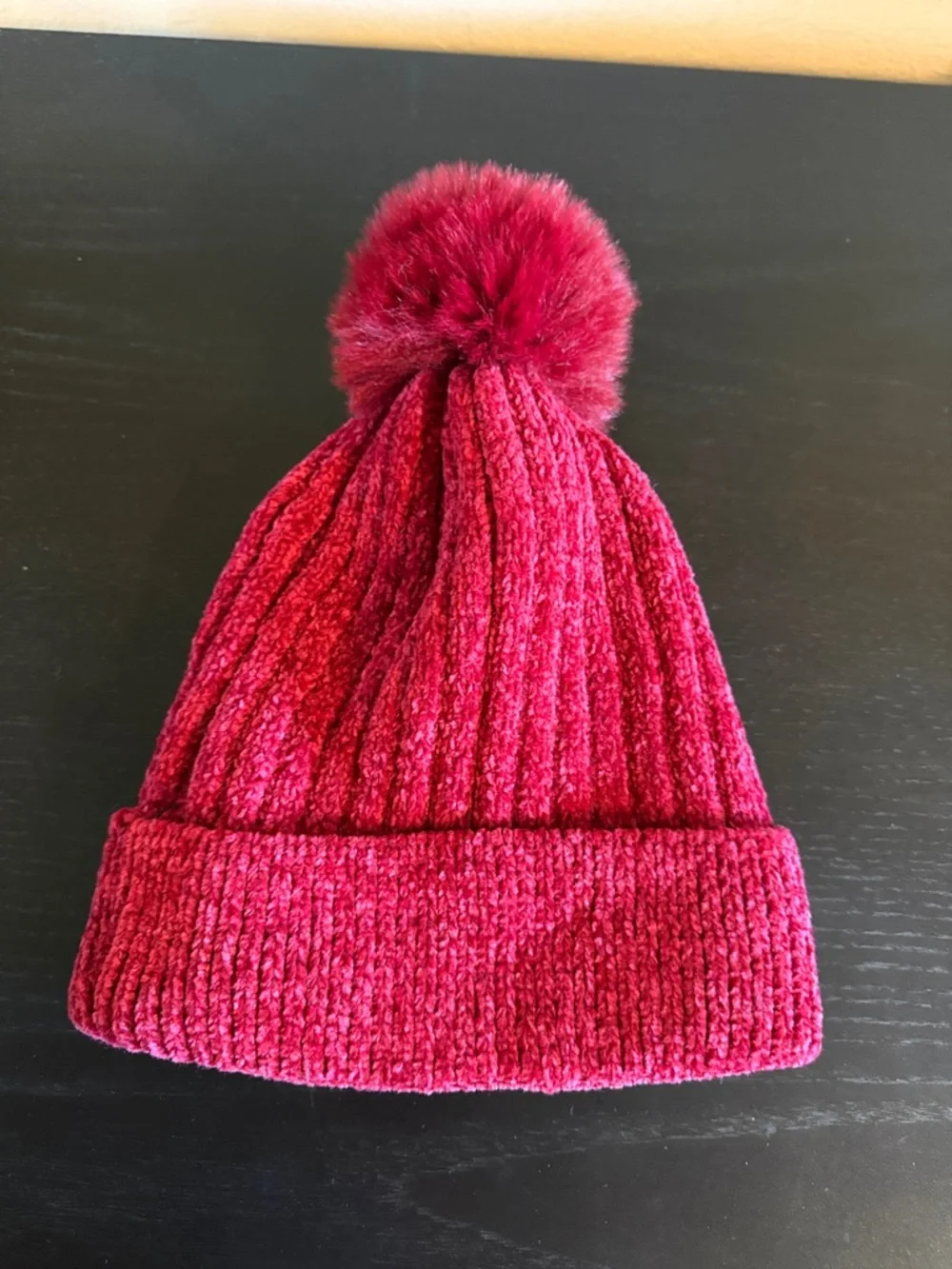 Cranberry Red Chenille Ribbed Knit Beanie Faux Fur Pom Pom Winter Hat OS
